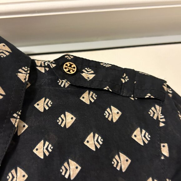 TORY BURCH Sz 6 Black Kingfish Print Long Sleeve Utility Shirt Top - Picture 7 of 9